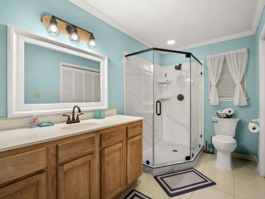 The master bathroom was recently remodeled.